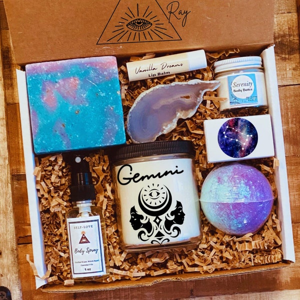 Gemini Birthday Gift Set- Spa Gift Box for her - Zodiac Astrology Gift Ideas for Best friend - GeminiCrystal Basket - Zodiac Candle - Bath