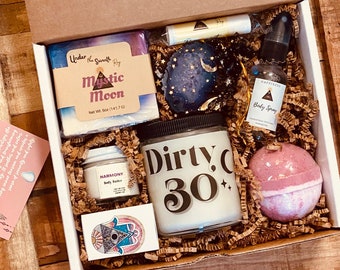 30th Mystical Birthday Gift-Spa Gift Box- Dirty 30-Crystals-Bath and beauty set- 30th candle-gift for her