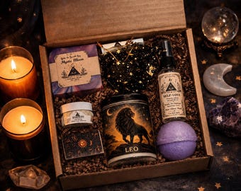 Leo Zodiac Gift Box – Handmade Spa Set with Crystal, bath bomb, Leo Candle- For Astrology lovers