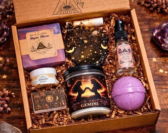 Gemini Zodiac Spa Gift Box – Astrology Candle, Bath Bomb, Agate Stone