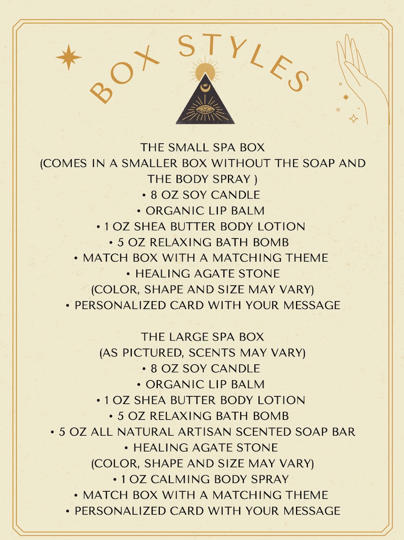 Peut inclure: Graphique beige avec les mots &laquo;&nbsp;BOX STYLES&nbsp;&raquo; et une liste d'articles pour deux coffrets spa. Le petit coffret spa comprend une bougie de soja de 227g, un baume &agrave; l&egrave;vres bio, une lotion au beurre de karit&eacute; de 28g et une bombe de bain de 142g. Le grand coffret comprend les m&ecirc;mes articles, plus un savon de 142g et un spray corporel de 28g.