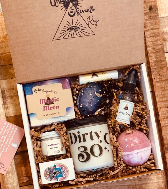30th Mystical Birthday Gift-Spa Gift Box- Dirty 30-Crystals-Bath and beauty set- 30th candle-gift for her