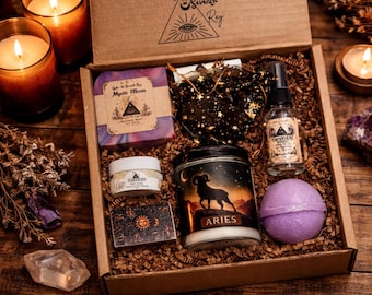 Aries candle Zodiac Gift Box- Self Care Birthday Set for her- Agate Crystal- Astrology for friend