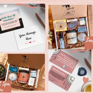 Peut inclure: Deux coffrets cadeaux spa, &eacute;tiquet&eacute;s "Large Spa Box" et "Small Spa Box", contenant divers articles de bien-&ecirc;tre. Les bo&icirc;tes contiennent des bougies, des bombes de bain et d'autres produits de spa. Cartes avec "Hello Ray Of Sunshine!" et "Your Message Here".