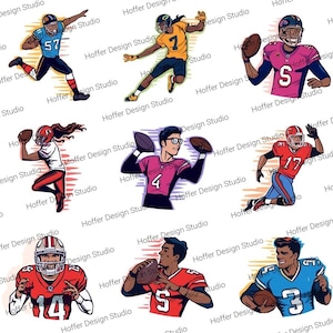 Può includere: Una collezione di illustrazioni stilizzate di giocatori di football americano in azione. Ogni giocatore è raffigurato in una posa dinamica, con caschi e maglie di vari colori e numeri, che tengono o lanciano un pallone.