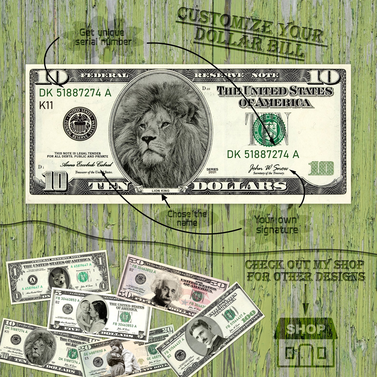 your face on money custom 10 dollar bill printable play etsy