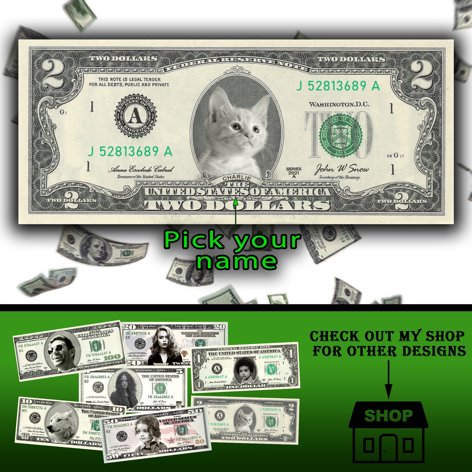 CUSTOM FAKE MONEY Your face on money Custom 2 dollar bill | Etsy