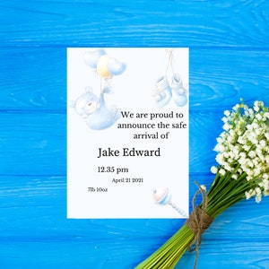 Baby boy birth announcement and Thank you note Digital download template, print from home