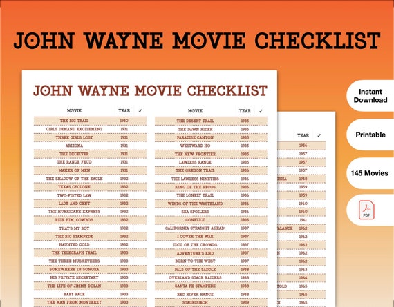 John Wayne Movie Checklist PDF Printable - Etsy
