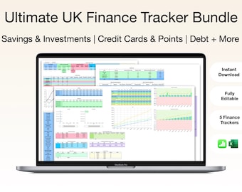May include: A laptop computer displaying a spreadsheet with colorful charts and graphs. The spreadsheet is titled "Ultimate UK Finance Tracker Bundle" and includes sections for savings, investments, credit cards, points, and debt. The laptop is on a white surface. The image also includes text that says "Instant Download", "Fully Editable", and "5 Finance Trackers".