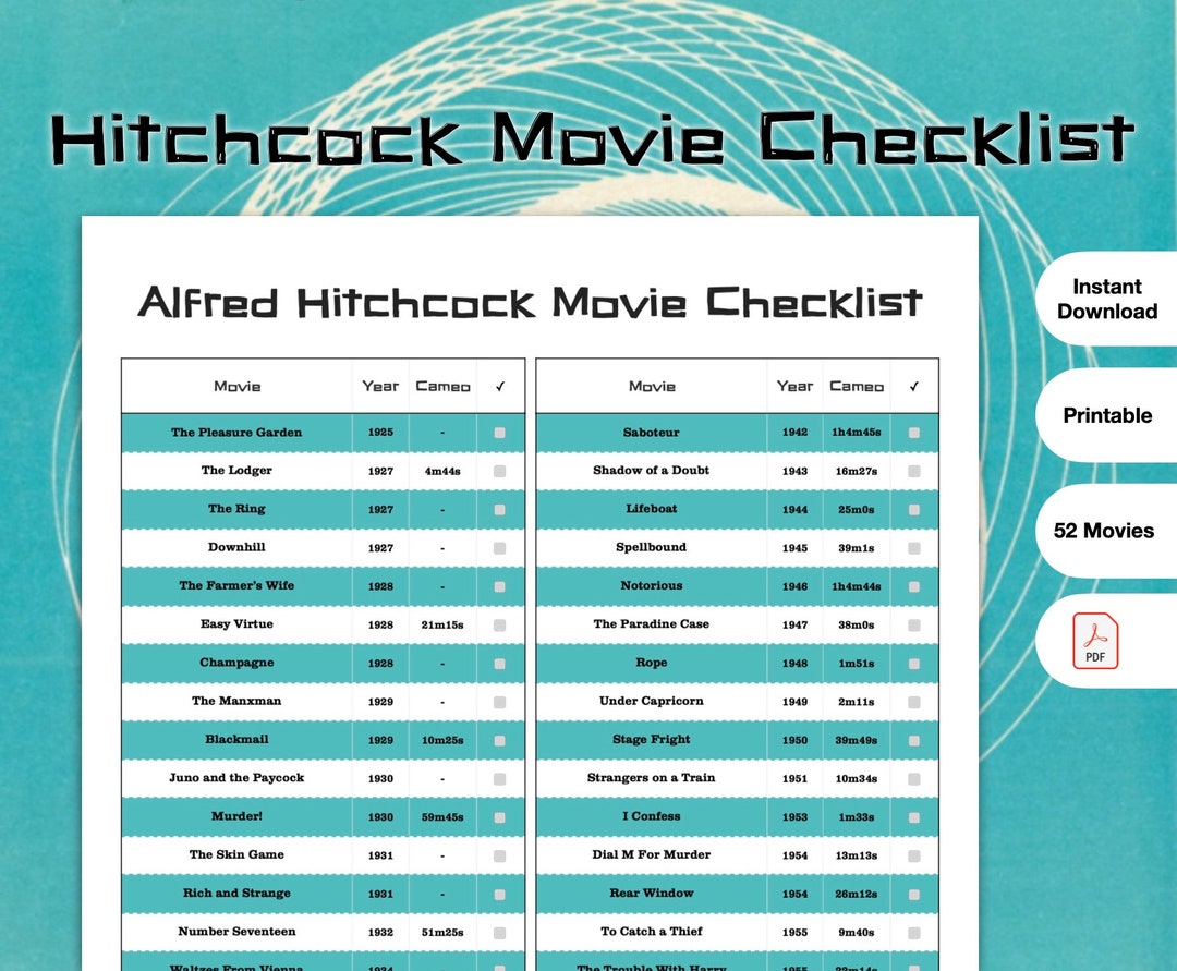 Alfred Hitchcock Movie Checklist - PDF Printable - Etsy