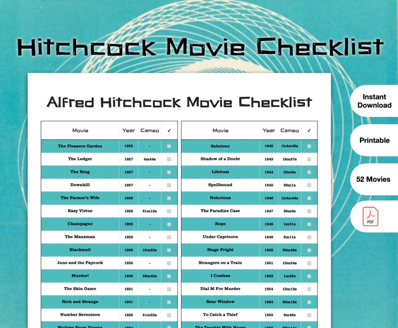 Alfred Hitchcock Movie Checklist - PDF Printable - Etsy