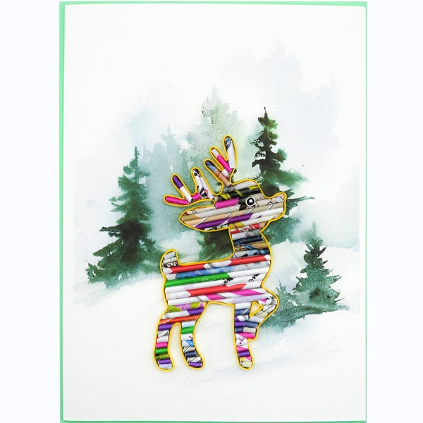 Recycled Reindeer Card Handmade from Magazine, Holly Jolly Vibe