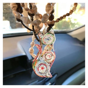 Handmade Cat quilled Ornament, Recycled Magazine Car charm