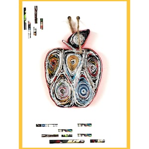 Ornamento de quilling de maçã de revista reciclada artesanal, cartão de felicitações em branco ecológico