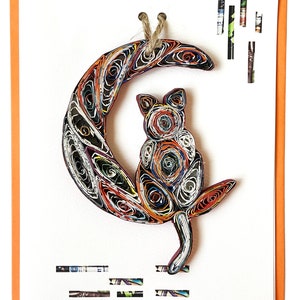 Carte d'ornement de chat Quilling en papier, Eco fait à la main à partir d'un cadeau de papa de chat de magazine recyclé