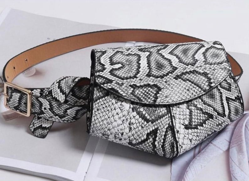 Stylish Waist Cinch Belt Bag Fanny Packs Mini Purse Crossbody Bags White Snake Print