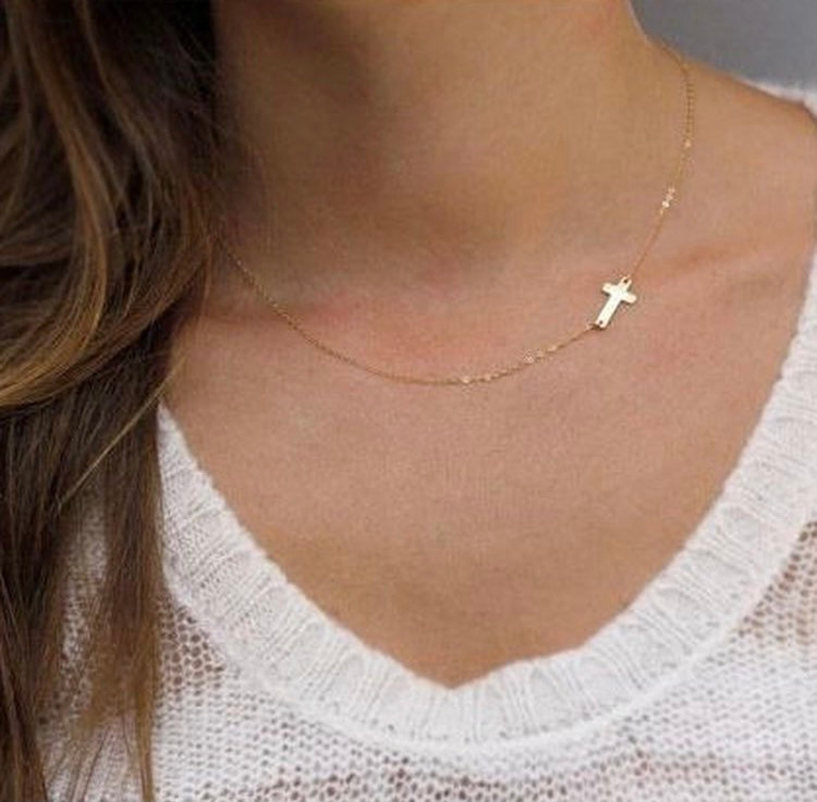 Dainty Sideways Cross Necklace Side Cross Necklace Bridal Etsy