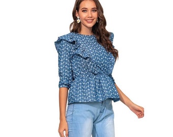 Round Neck Crop Sleeve Graphic Print Ruffle Denim Blouse | Peplum Blouse | Baby-doll Blouse | Blouse with Ruffles | Denim Top