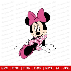 May include: A cartoon illustration of Minnie Mouse wearing a pink polka dot dress and a pink bow. She is sitting with her legs crossed and her right hand resting on her knee.