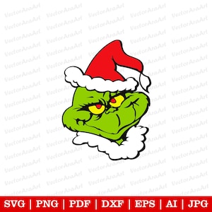 May include: A green Grinch character wearing a red Santa hat with white fur trim. The Grinch has a grumpy expression with yellow eyes and a wide mouth.