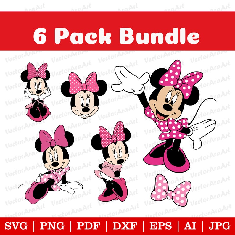 May include: A 6 pack bundle of digital cut files featuring a cartoon mouse with pink polka dot dress and bow. The files are available in SVG, PNG, PDF, DXF, EPS, AI, and JPG formats.