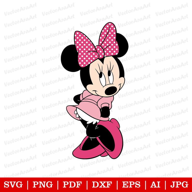 May include: A cartoon illustration of Minnie Mouse in a pink dress and shoes. She has a large pink bow with white polka dots in her hair.