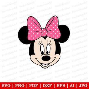 May include: A black and white cartoon image of a mouse with large ears and a pink bow with white polka dots. The mouse is smiling with large eyes and a small nose.