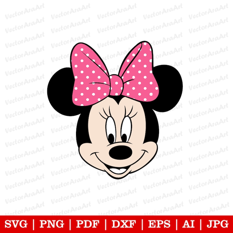May include: A black and white cartoon image of a mouse with large ears and a pink bow with white polka dots. The mouse is smiling with large eyes and a small nose.