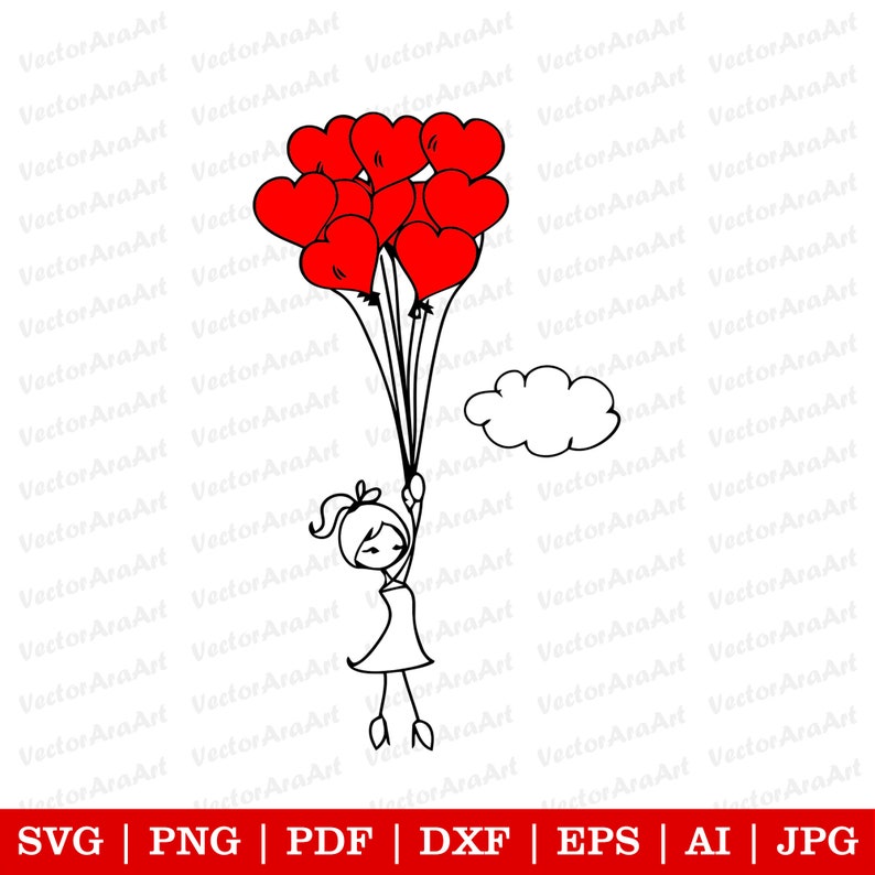 Op de afbeelding: Een eenvoudige lijntekening van een meisje dat een bos rode hartvormige ballonnen vasthoudt. Het meisje draagt een jurk en heeft haar haar in een paardenstaart geknoopt. Er is een witte wolk op de achtergrond.