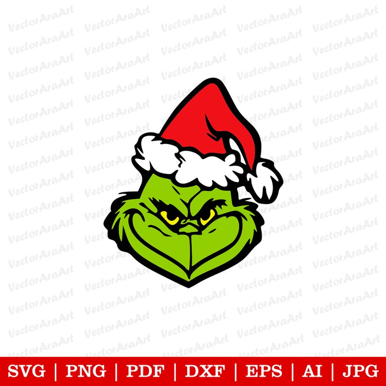 May include: A green Grinch character wearing a red Santa hat with a white trim. The Grinch has a mischievous expression with yellow eyes and a wide grin.