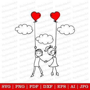 Op de afbeelding: Een zwart-witte lijntekening van een stel dat hand in hand houdt en in de lucht zweeft met twee rode hartballonnen. Ze houden vast aan touwtjes die aan de ballonnen zijn bevestigd. Er zijn twee witte wolken achter hen.