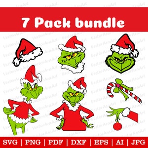 May include: A 7 pack bundle of Grinch Christmas SVG cut files. The bundle includes a Grinch wearing a Santa hat, a Grinch wearing a Santa suit, a Grinch head, a Santa hat, a candy cane, a Grinch hand holding a Christmas ornament, and a Grinch hand holding a candy cane.