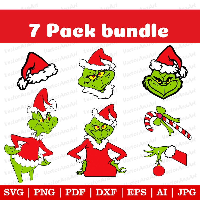 May include: A 7 pack bundle of Grinch Christmas SVG cut files. The bundle includes a Grinch wearing a Santa hat, a Grinch wearing a Santa suit, a Grinch head, a Santa hat, a candy cane, a Grinch hand holding a Christmas ornament, and a Grinch hand holding a candy cane.