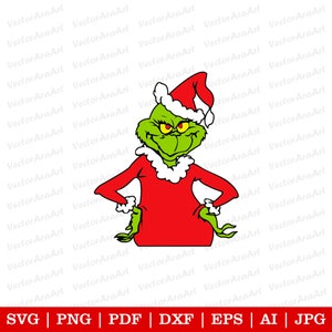 May include: A green Grinch wearing a red Santa suit with a white trim and a red Santa hat. The Grinch is looking to the right with a mischievous expression.