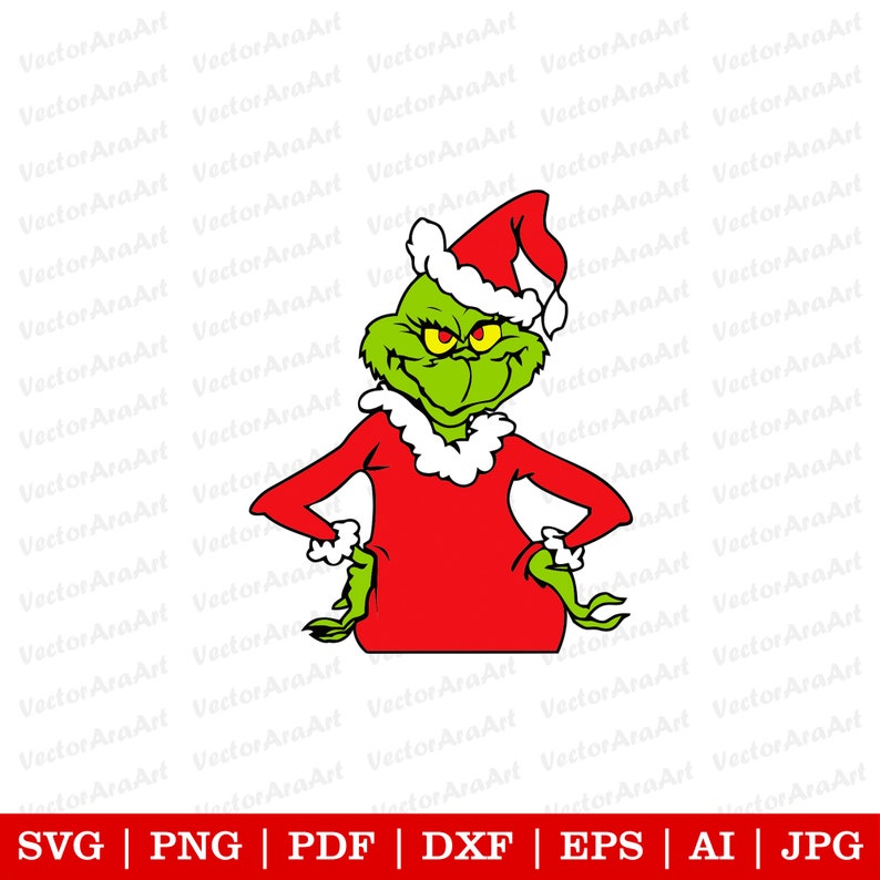 May include: A green Grinch wearing a red Santa suit with a white trim and a red Santa hat. The Grinch is looking to the right with a mischievous expression.