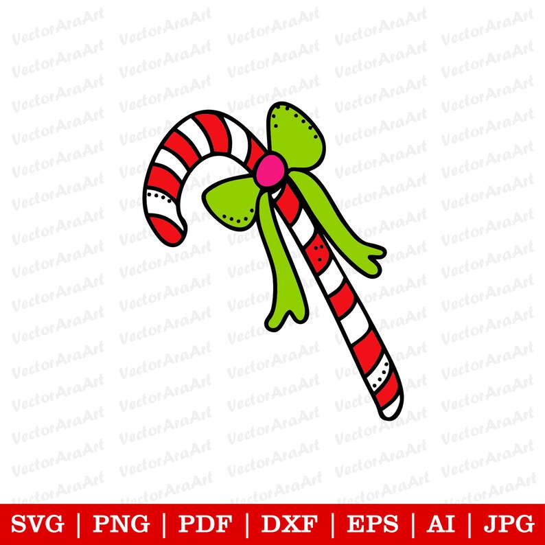 May include: A red and white candy cane with a green bow and a pink center. The candy cane is drawn in a cartoon style.