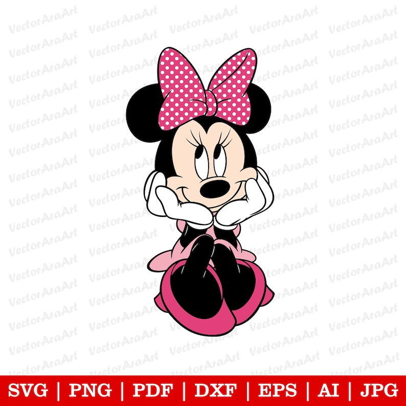 May include: A cartoon illustration of a pink and white polka dot bow on a mouse's head. The mouse is sitting with its hands on its cheeks and has a pink dress on.