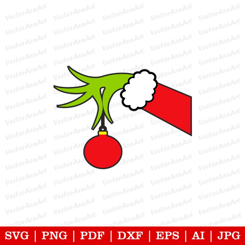 May include: A green hand wearing a red Santa hat with white trim holds a red Christmas ornament with a gold top.