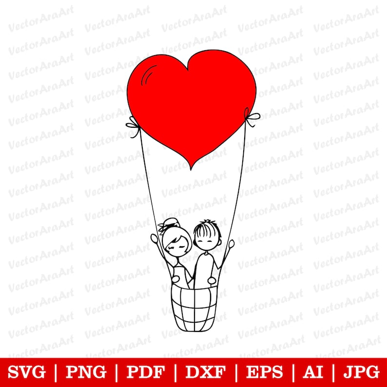 Op de afbeelding: Een zwart-witte lijntekening van een stel dat hand in hand in een hartvormige luchtballon zit. De ballon is rood.