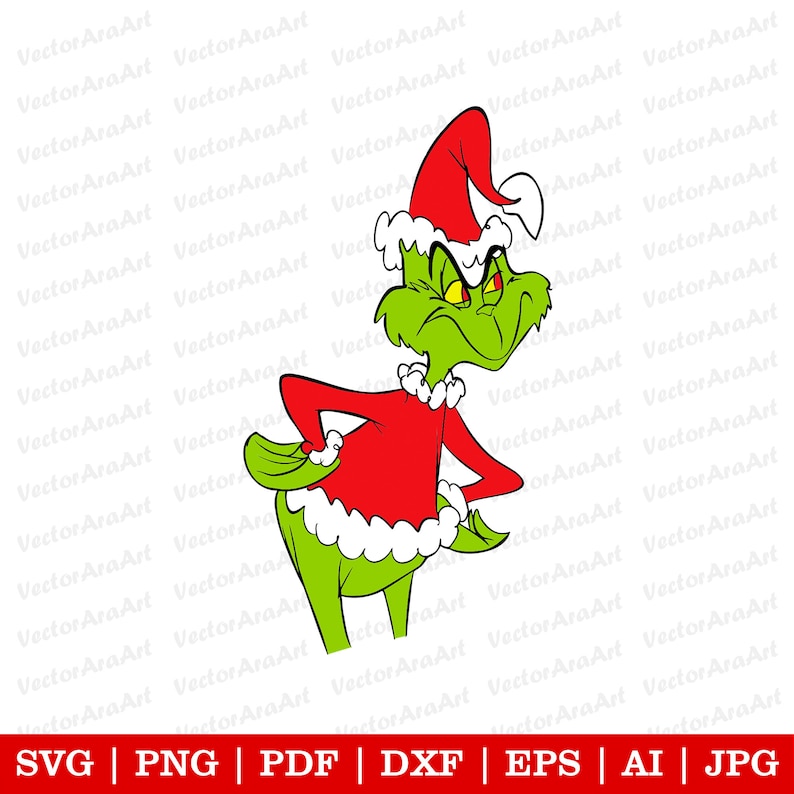 May include: A green Grinch character wearing a red Santa suit with a white trim and a red Santa hat. The Grinch is looking to the right with a grumpy expression.