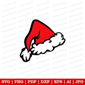 May include: A red and white Santa hat with a fluffy white trim. The hat is outlined in black and is angled to the right.