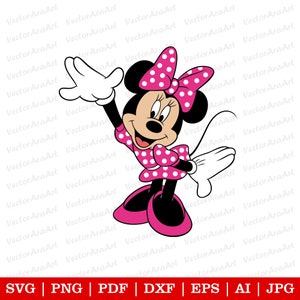 May include: A cartoon illustration of Minnie Mouse waving with a pink polka dot dress and a pink bow.