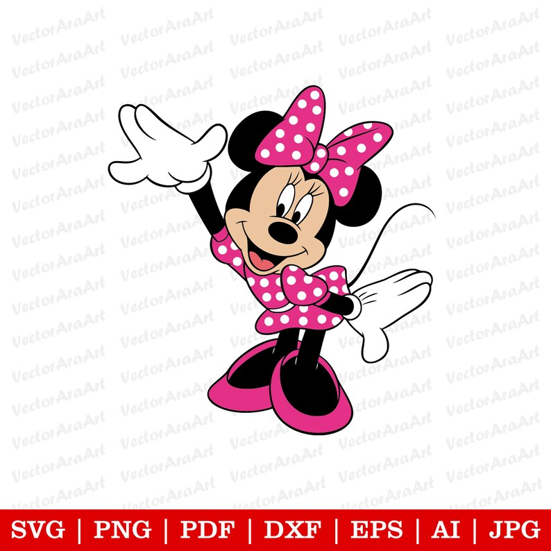 May include: A cartoon illustration of Minnie Mouse waving with a pink polka dot dress and a pink bow.