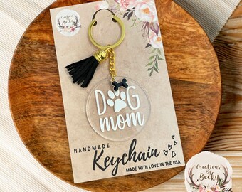 Acrylic Dog Mom with Bone Charm Keychain Gold Tone- Car Accessories for Her