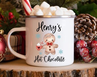 Personalized Kids Hot Chocolate Christmas Mug, Gingerbread Enamel Stainless Steel Cup, Christmas Eve Box Idea, Kid Holiday Stocking Stuffer