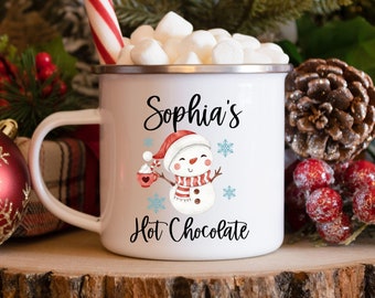 Personalized Kids Hot Chocolate Christmas Mug, Snowman Enamel Stainless Steel Cup, Christmas Eve Box Idea, Kid Holiday Stocking Stuffer