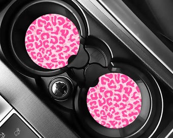 Pink Leopard Car Coaster, Cute Animal Print Car Accessories, Girly Aesthetic Cup Holder Decor, Cup Holder Inserts Set of 2
