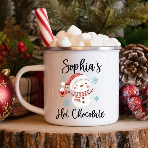 Personalized Kids Christmas Hot Chocolate Mug - 11oz Stainless Steel Camp Cup With Snowman Design