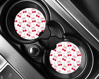 Cherry Bow Car Coaster Set of 2, Cute Car Accessories for Women, Cup Holder Coasters, Aesthetic Car Decor, Gift for Her, New Driver
